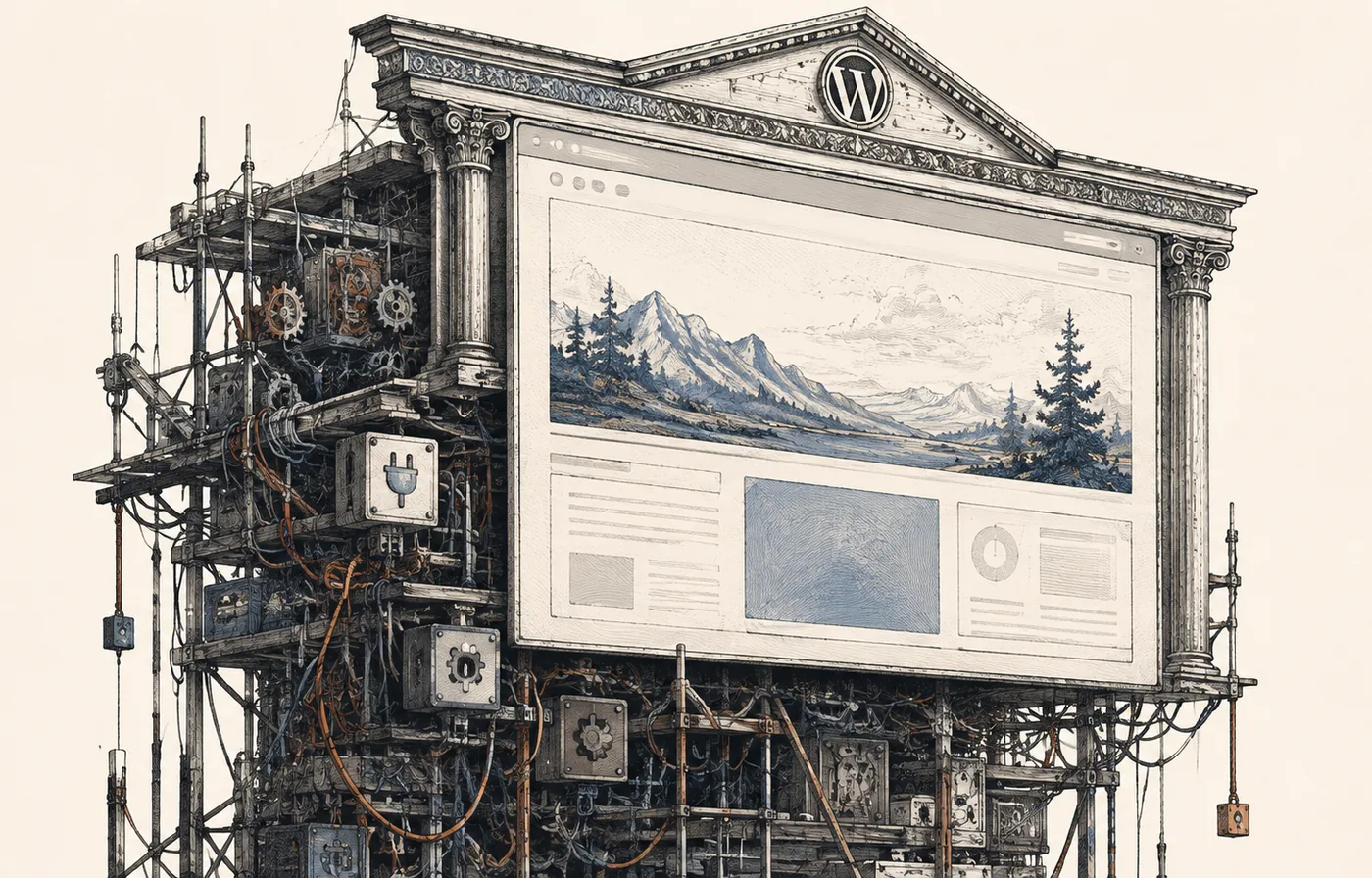 An engraved classical facade carrying a web page, propped up from behind by scaffolding, pipes and machinery