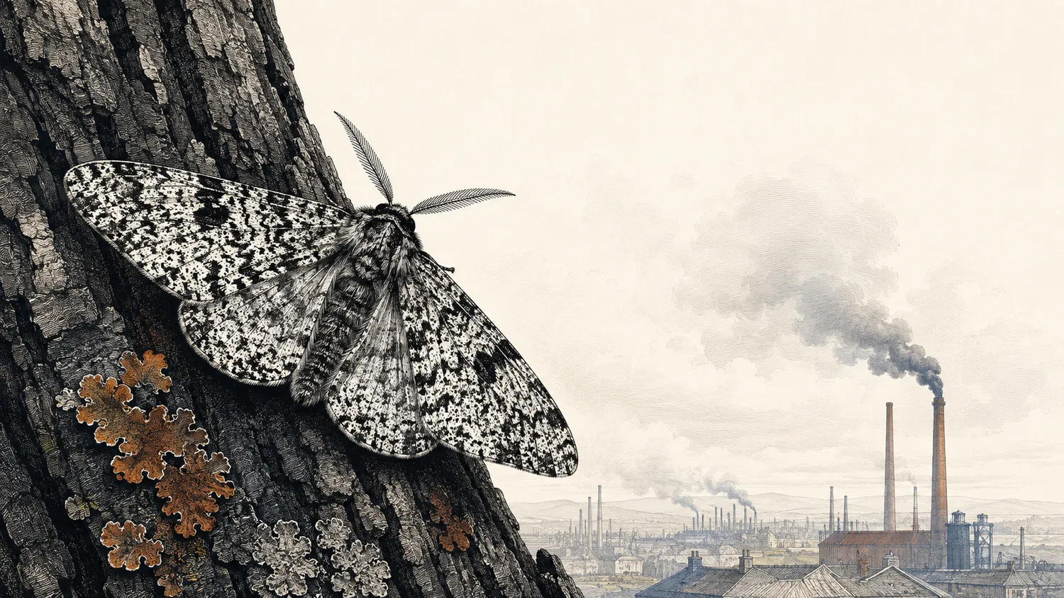 A pale peppered moth on lichened bark, an industrial skyline smoking in the distance