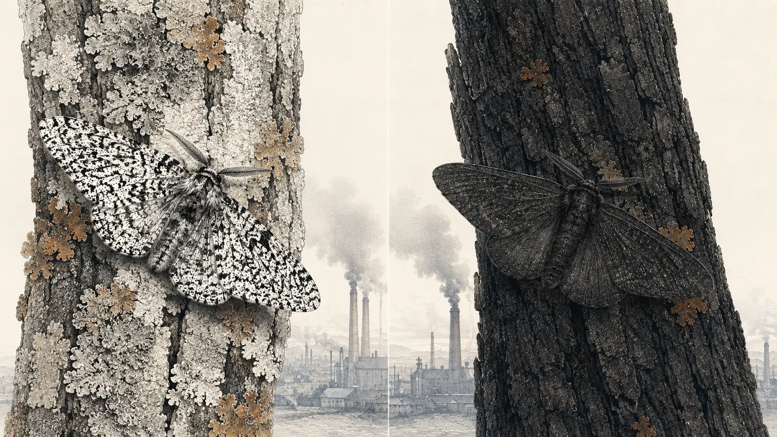 Two engravings side by side: the pale peppered moth on lichen-covered bark, and the dark form on soot-blackened bark, industrial chimneys behind both