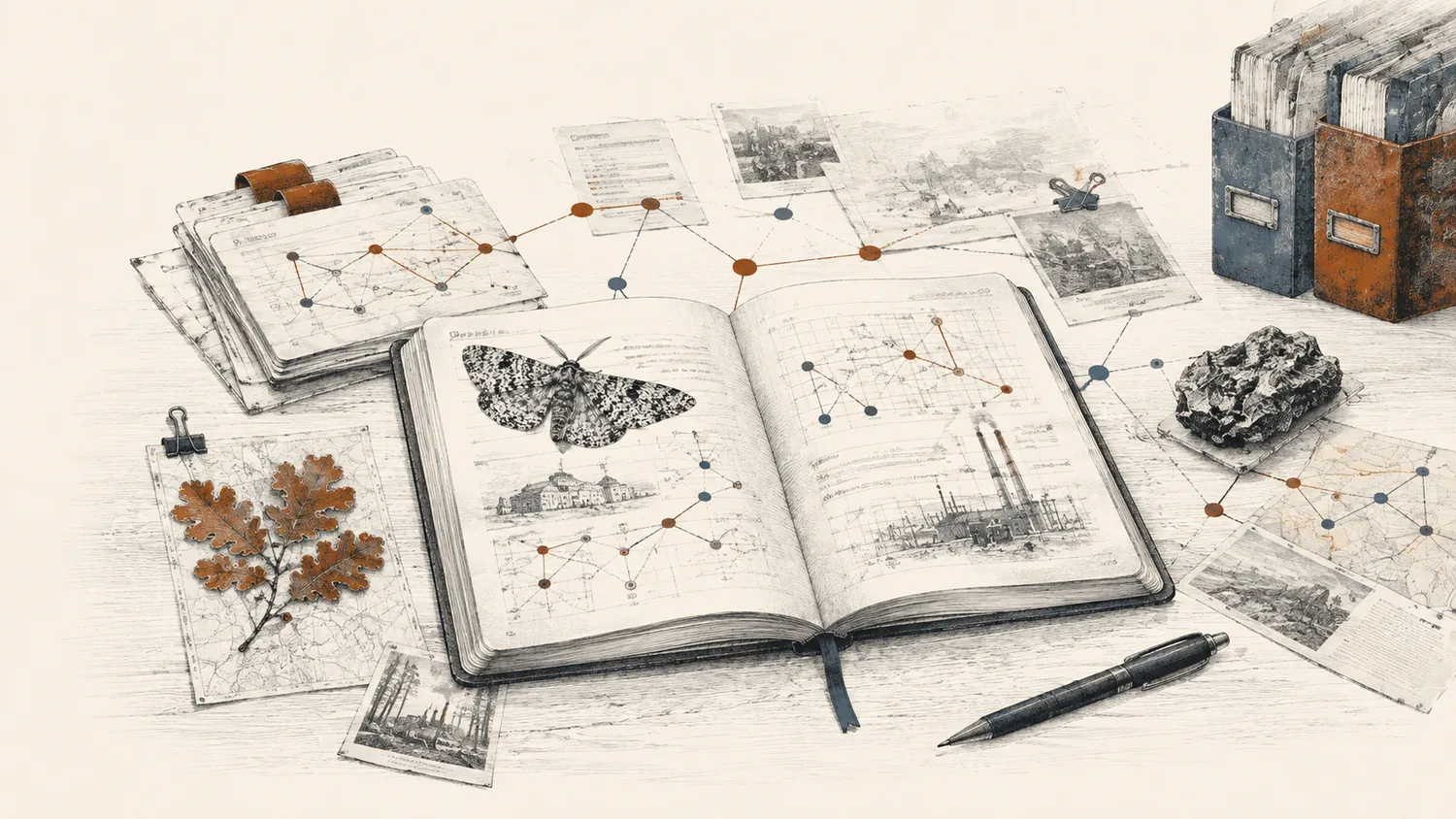 An open field journal surrounded by notes, specimens and diagrams, with lines drawn connecting them