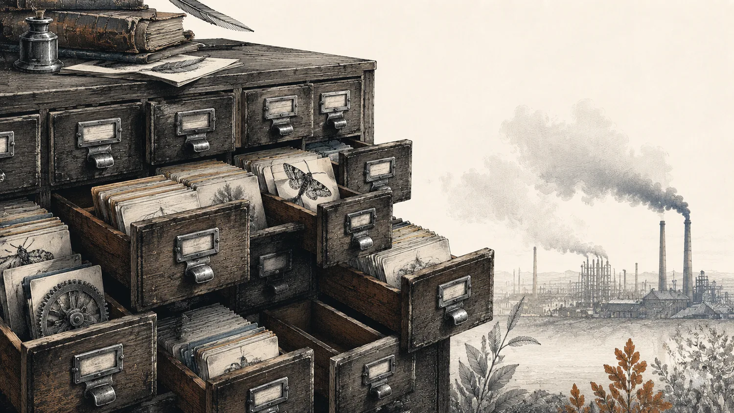 An engraved card catalogue with drawers open and index cards visible, an industrial skyline beyond