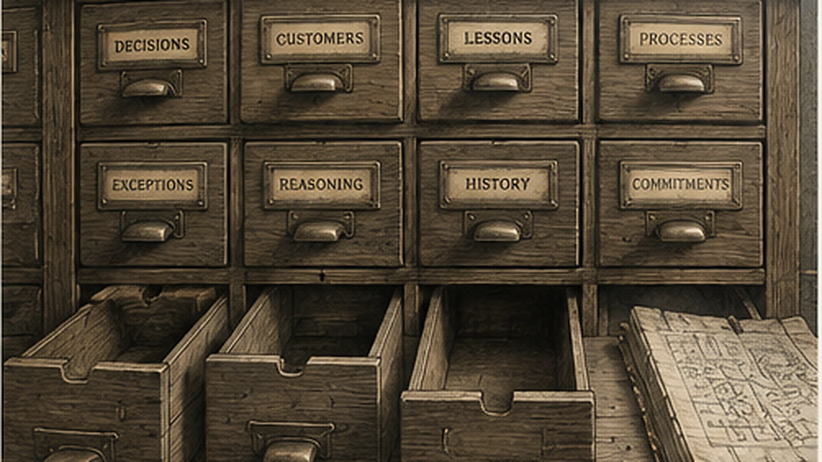 An engraved card catalogue, drawers labelled decisions, reasoning, exceptions, commitments